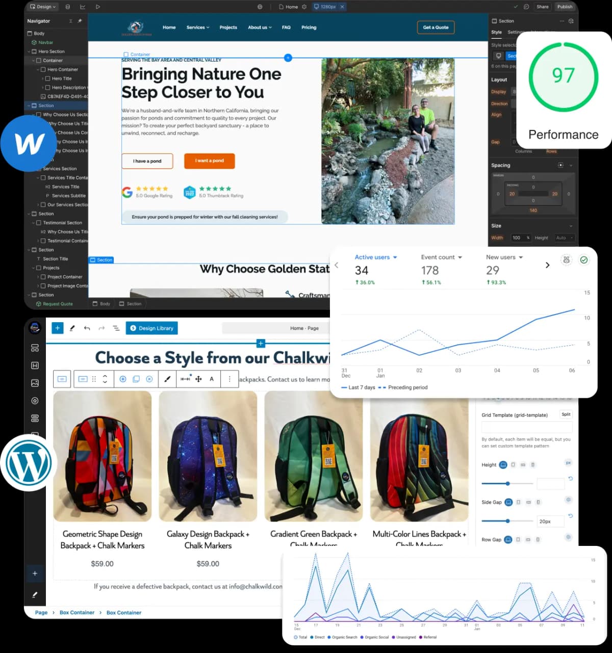 Website development examples showing performance metrics and responsive design